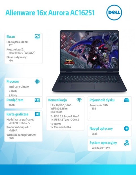 Dell Laptop Alienware 16x Aurora AC16251 Win11Pro C9 275HX/32GB/1TB/16.0 WQXGA/GeForce RTX 5070/WLAN + BT/RGB Backlit Kb/6 Cell/280W/