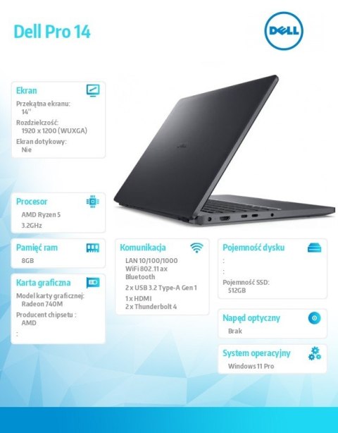 Dell Laptop Dell Pro 14 PC14255/AMD Ryzen 5 220/8GB/512GB SSD CL25/14.0 FHD+/Radeon 740M/FgrPr/FHD/IR Cam/Mic/WLAN + BT/Backlit Kb/3 