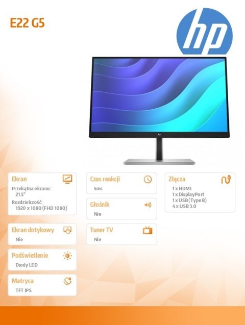 HP Inc. Monitor 21.5 cali E22 G5 FHD 6N4E8AA