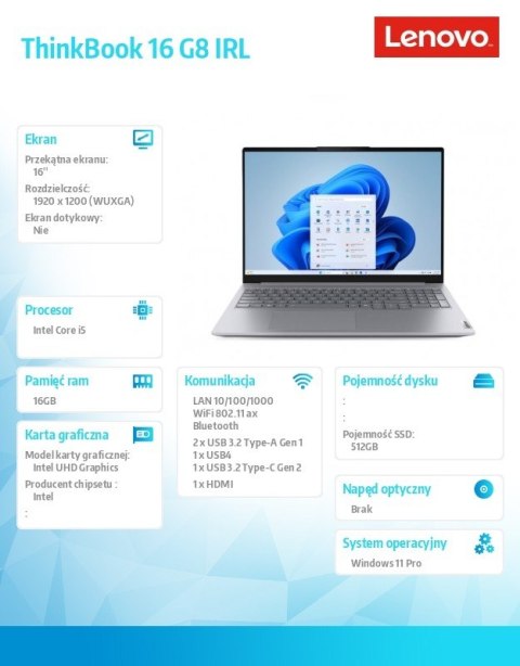 Lenovo Notebook ThinkBook 16 G8 21SH00JMPB W11Pro i5-13420H/16GB/512GB/INT/16.0 WUXGA/Luna Grey/3YRS OS + CO2 Offset