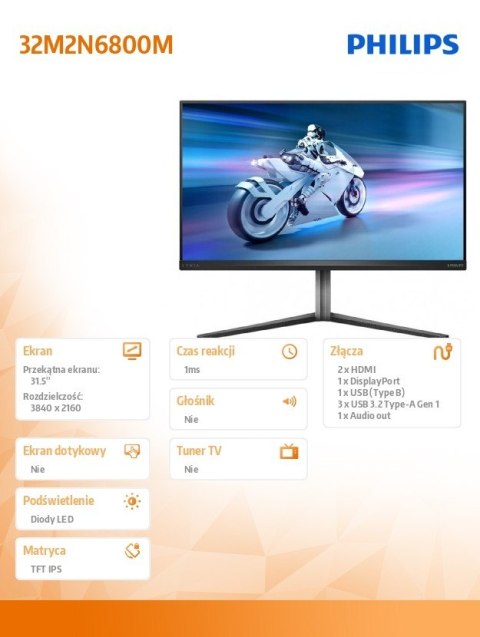 Philips Monitor 32M2N6800M 31.5 cala IPS Mini-LED 4K 144Hz HDMIx2 DP HAS Ambiglow