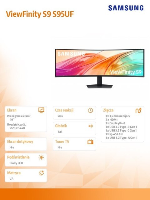 Samsung Monitor wielkoformatowy 49 cali ViewFinity S9 S95UF LS49F950UAUXEN