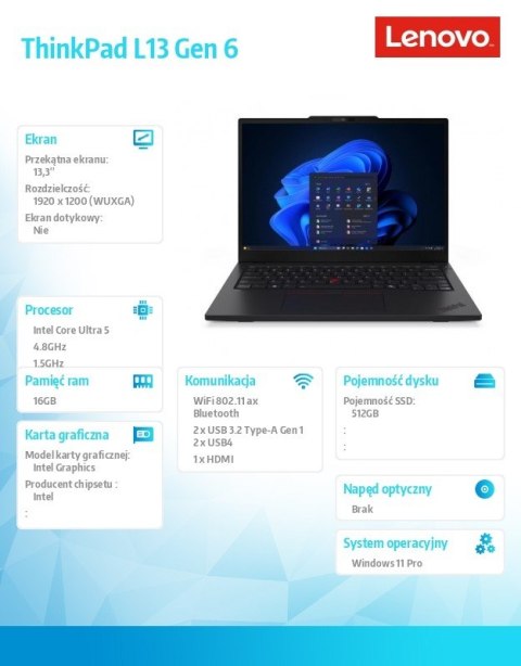 Lenovo Laptop ThinkPad L13 G6 21R5000XPB W11Pro Ultra 5 225U/16GB/512GB/INT/13.3 WUXGA/Black/3Y Onsite upgrade from 1Y Courier/Carry-i