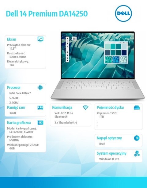 Dell Laptop Dell 14 Premium DA14250 Win11Pro U7-255H|32GB|1TB SSD|Nvidia RTX 4050 |WLAN + BT|14.5 OLED Touch|Backlit Kb|6 Cell|100W