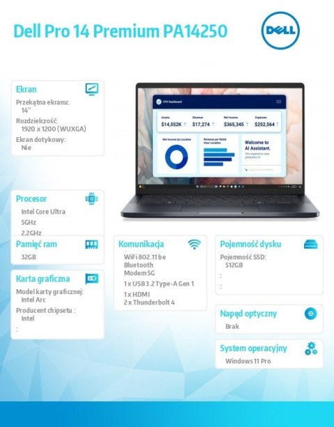 Dell Laptop Dell Pro 14 Premium PA14250 W11P U7-268V/32GB/512GB SSD CL35/14.0 FHD+/Arc/FgrPr/Cams&Mic/5G WWAN+BT/BcklKb/3C/vPro/3YPS 