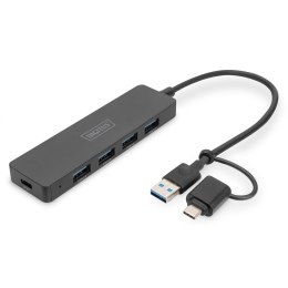 Digitus Hub USB 3.0/Koncentrator DIGITUS 4-portowy SlimLine USB A + adapter USB-C 0,2m 5Gbps złącze zasilania USB-C