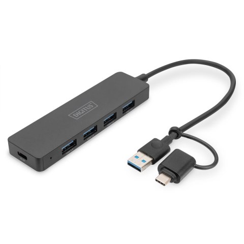 Digitus Hub USB 3.0/Koncentrator DIGITUS 4-portowy SlimLine USB A + adapter USB-C 0,2m 5Gbps złącze zasilania USB-C