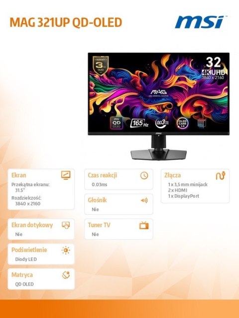 MSI Monitor MAG 321UP QD-OLED 31.5 cala UHD/LED/Flat/165Hz/czarny