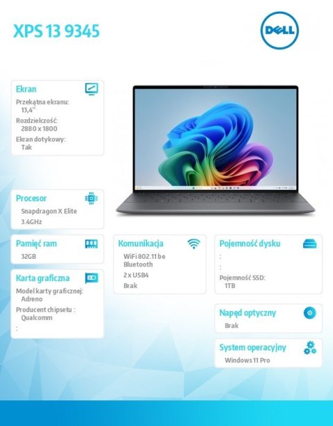 Dell Laptop XPS 13 9345 Win11Pro XELITE12C/32GB/1TB/13.4 OLED Touch/UMA GPU/FgrPr/FHD/IR Cam/Mic/WLAN + BT/Backlit Kb/3 Cell/3Y Basic