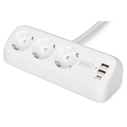 Digitus Listwa zasilająca biurkowa DIGITUS 3 gniazda Schuko, 2x USB-A (2x 12W), 1x USB-C (30W) z zaciskiem na blat, kabel 1,5m, biała