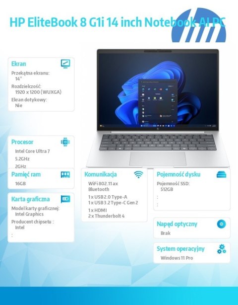 HP Inc. Notebook EliteBook 8 G1i U7-255U 512GB/16GB/W11P/14.0 C51M5ET
