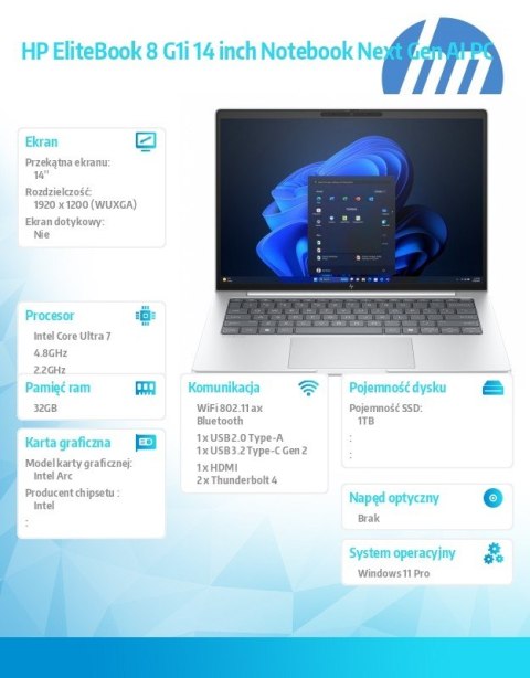 HP Inc. Notebook EliteBook 8 G1i U7-258V 1TB/32GB/W11P/14.0 C51G2ET