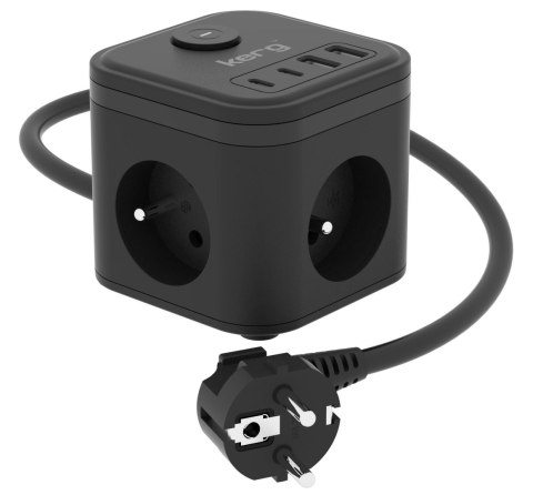 KERG Kostka zasilająca KERG 3-gniazdowa + ładowarka USB-A+USB-C 1,5m 3×1,5mm2 H05VV-F 16A/250V czarna