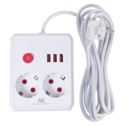 Maclean Listwa zasilająca Maclean MCE388 W, przedłużacz 2 gniazda + 3xUSB, 110-240V AC 50/60Hz, 2.1A max 2500W, 3 m, biała