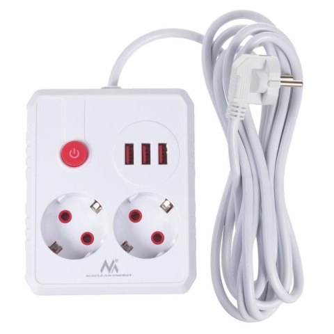 Maclean Listwa zasilająca Maclean MCE388 W, przedłużacz 2 gniazda + 3xUSB, 110-240V AC 50/60Hz, 2.1A max 2500W, 3 m, biała