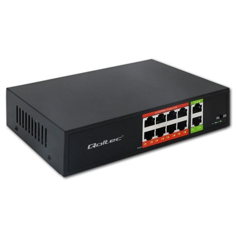 Qoltec Switch niezarządzalny Qoltec przełącznik sieciowy Fast Ethernet PoE | 8x RJ45 | 2x RJ45 Uplink | 120W | 10/100Mb/s