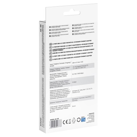 Savio Hub AK-58 3-portowy USB-A 3.1 Gen 1 z adapterem RJ-45 Gigabit Ethernet