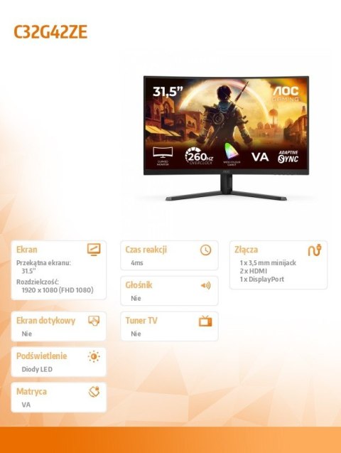 AOC Monitor C32G42ZE 31.5 cala VA Curved 240Hz HDMI DP