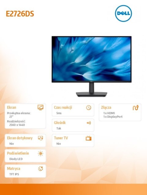 Dell Monitor Pro E2726DS 27 LED VA 2560x1440/HDMI/DP/Głośniki/3Y