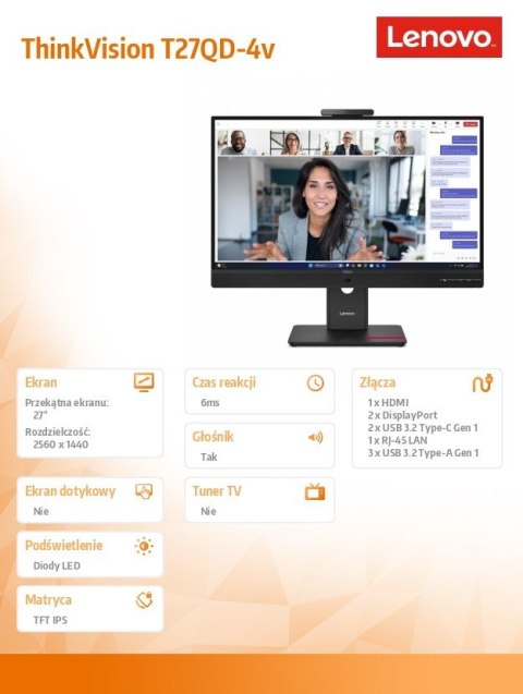 Lenovo Monitor ThinkVision T27QD-4v 27 cali 64B8UAT1EU