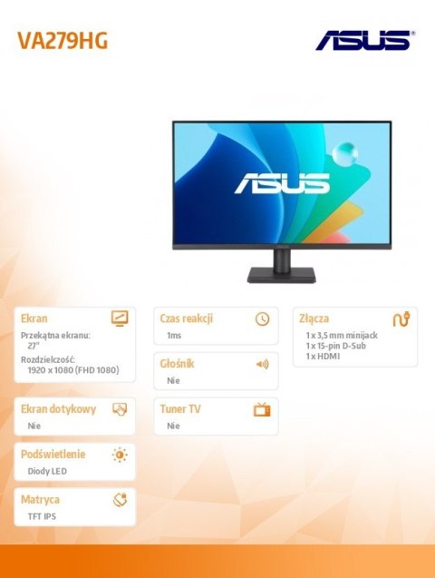 Asus Monitor 27 cali VA279HG IPS FHD 120Hz HDMI VGA