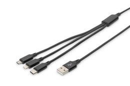Digitus Kabel USB 2.0 DIGITUS 3w1 Typ USB C + Lightning + microUSB B/ USB A M/M 10W nylon czarny 1m