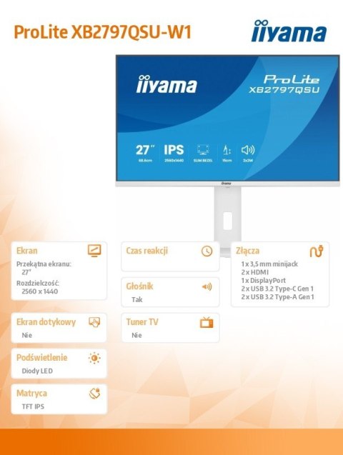 IIYAMA Monitor 27 cali XB2797QSU-W1 IPS, QHD, 2xHDMI, DP, 350cd, 75Hz, 1000:1, USB HUB x4