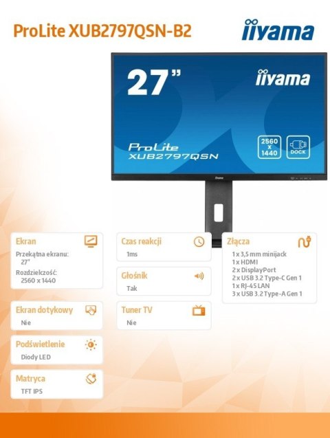 IIYAMA Monitor 27 cali XUB2797QSN-B2 IPS,QHD,USB-C Dock,HDMI /5y/