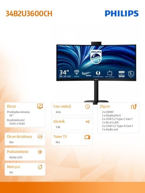 Philips Monitor 34 cale 34B2U3600CH Curved VA HDMIx2 DP HAS USB-C RJ45 KVM
