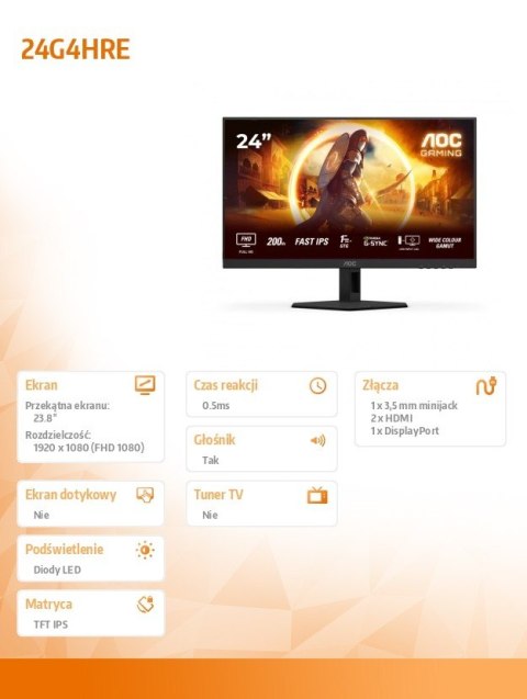 AOC Monitor 24G4HRE 23.8 cala Fast IPS 200Hz HDMIx2 DP Głośniki