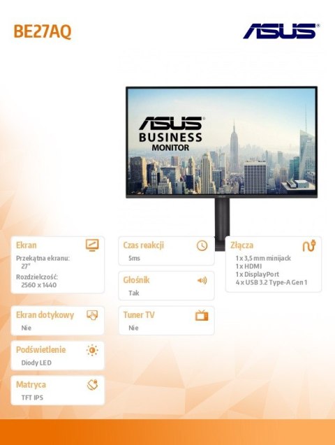 Asus Monitor 27 cali BE27AQ BU IPS QHD HDMI USB DP