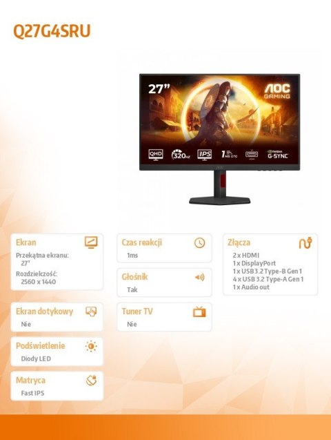 AOC Monitor 27 cali Q27G4SRU Fast IPS 320Hz HDMIx2 DP Pivot Głośniki