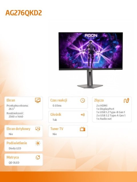 AOC Monitor AG276QKD2 26.5 cala QD-OLED 500Hz HDMIx2 DP Pivot Głośniki