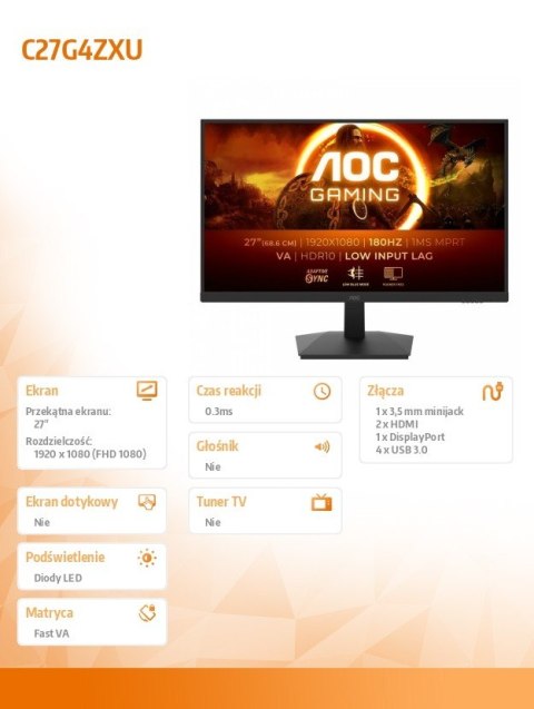 AOC Monitor C27G4ZXU 27 cali Zakrzywiony Fast VA 280Hz HDMIx2 DP HAS