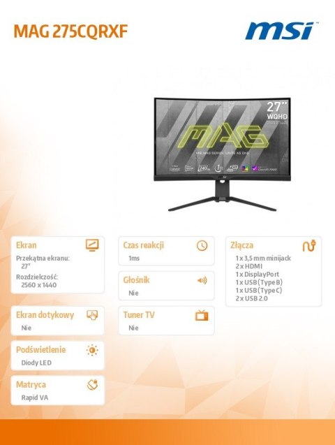 MSI Monitor 27 cali MAG 275CQRXF LED/QHD/Curved/240Hz/czarny