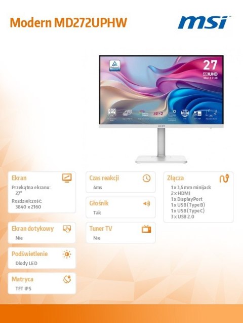 MSI Monitor 27 cali Modern MD272UPHW LED/UHD/Flat/60Hz/biały