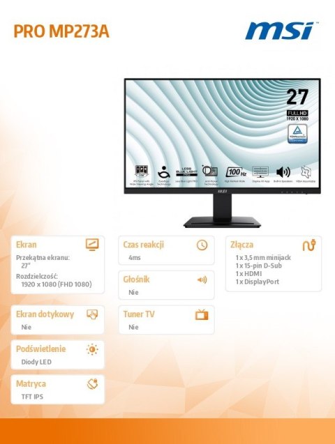 MSI Monitor 27 cali PRO MP273A LED/FHD/Flat/100Hz/czarny