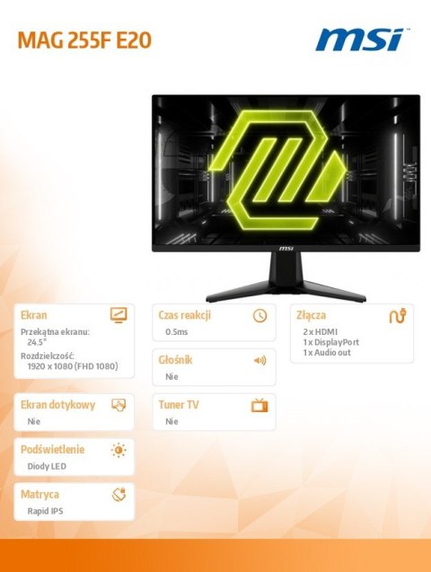 MSI Monitor MAG 255F E20 24.5 cala LED/FHD/Flat/200Hz/Czarny