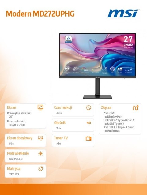 MSI Monitor Modern MD272UPHG 27 cali/LED/UHD/Flat/60Hz/Czarny