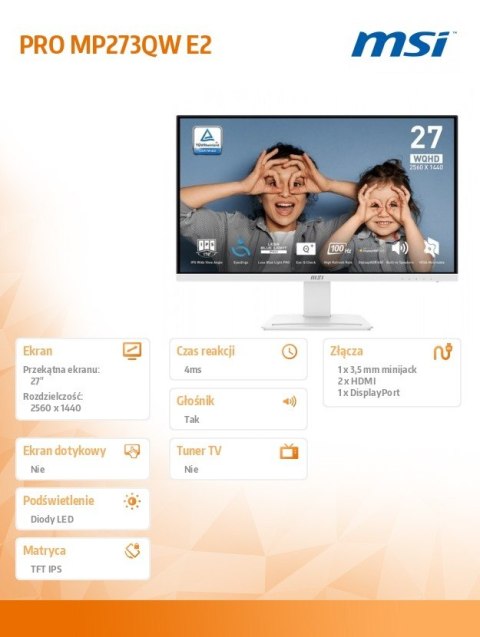 MSI Monitor PRO MP273QW E2 27 cali LED/FHD/Flat/100Hz/White