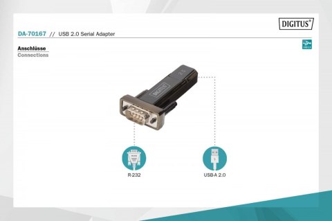 Digitus Konwerter / Adapter USB-A 2.0 męski do RS232 (DB9) męski | Chipset Prolific PL2303GT | Mocowanie na śruby | z dodatkowym kablem 