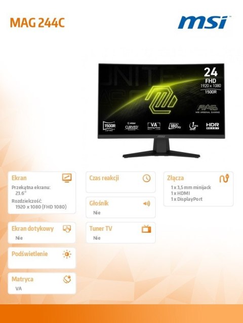 MSI Monitor 23.6 cala MAG 244C LED/FHD/Curved/180Hz/czarny