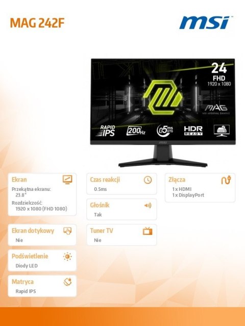MSI Monitor MAG 242F 23.8 cala/LED/FHD/Flat/200Hz/Czarny