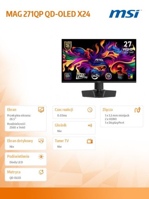 MSI Monitor MAG 271QP QD-OLED X 24/26.5 cali/FLAT/QD-LED/WQHD/240Hz/Black