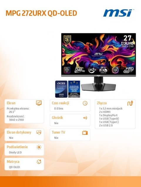 MSI Monitor MPG 272URX QD-OLED LED/UHD/FLAT/240Hz/26.5cala/Black
