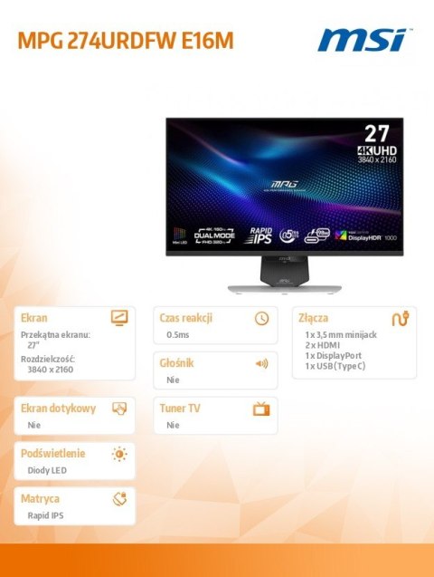 MSI Monitor MPG 274URDFW E16M 27 cali/FHD/320Hz/DualMode/White/PIVOT
