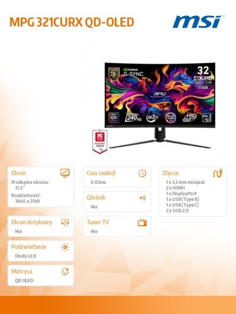 MSI Monitor MPG 321CURX QD-OLED/31.5 cala/LED/UHD/Curv/240/Black