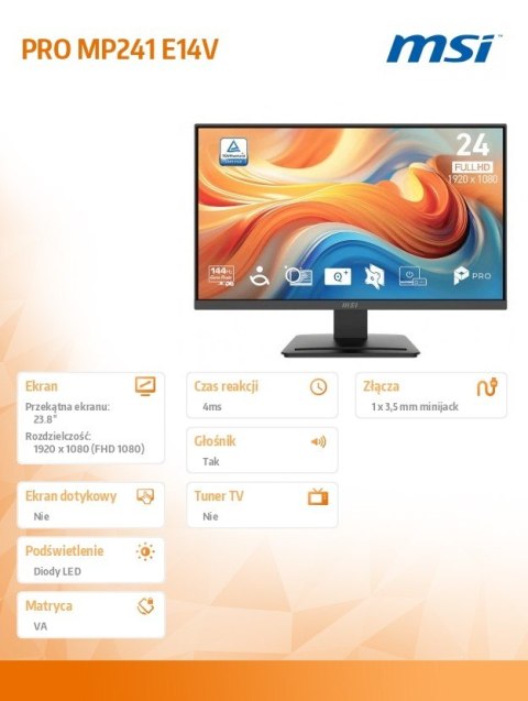 MSI Monitor PRO MP241 E14V 23.8 cala/ LED/FHD/FLAT/144Hz/Czarny