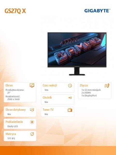 Gigabyte Monitor 27 cali GS27Q X WQHD IPS HDMIx2 DPx2 240HZ
