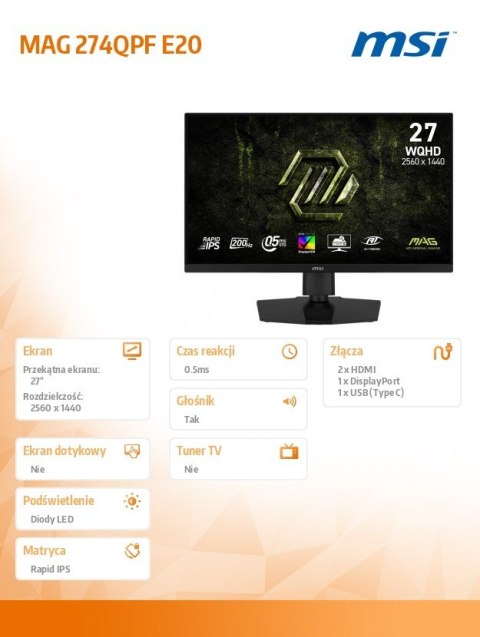 MSI Monitor MAG 274QPF E20 27 cali/LED/WQHD/FLAT/200Hz/Czarny